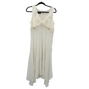 90s Ivory Satin Chiffon Tiered Lingerie Nightgown‎ Sz XL Rhinestone Tail Bridal